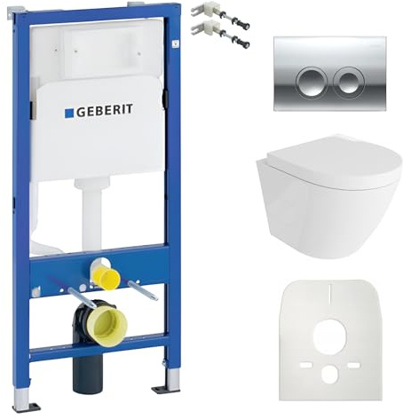 Lavita Duofix Sogo Basic Élément mural + chasse d'eau profonde sans bord + siège de WC + panneau de commande Delta 25 - Bouton chromé - Kit complet encastré pour réservoir de chasse d'eau