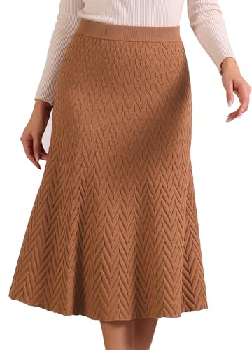Allegra K Jupe Taille Haut Femmes Jupe Longue en Tricot Extensible Jupe Trapèze d'automne et d'hiver Brun Clair L
