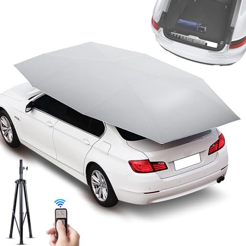 Abri De Voiture Pliable Automatique avec Télécommande, Parapluie De Voiture électrique Rechargeable pour Isolation Thermique/Pare-Soleil/Résistant à La Pluie,1 Support Télescopique,Silver-4.8m