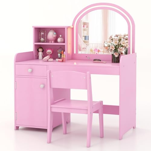 LIFEZEAL Specchiera Trucco Bambina con Luci a Led, Toeletta con Sedia, Postazione con Cassetto e Scaffale, Tavolo per Bambina 3 Anni + (Rosa)