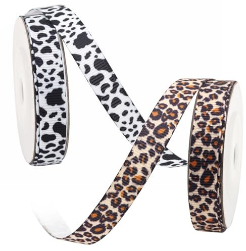 2 rotoli da 4,6 m di nastro con stampa leopardata e mucca, per confezioni regalo, artigianato fai da te, decorazioni per feste, fasce per capelli (1 cm)