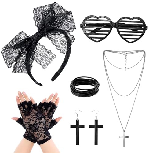 UILYNIU 6 Stück 80er Jahre Kostüm Zubehör Spitzen Stirnband Schwarze Ohrringe Spitzen Handschuhe 80er Jahre Retro Party Halskette Armband Brille 80er Damen 80er Jahre Accessoires für Party (Schwarz)