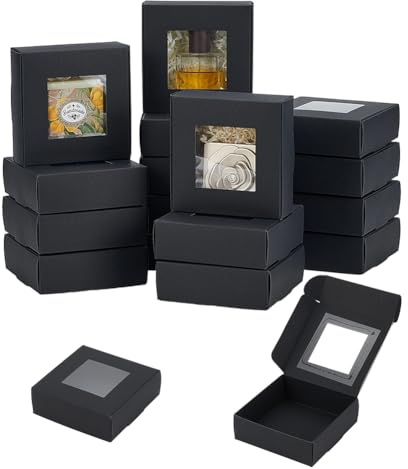 BENECREAT 16pcs Schwarzes Mini-Papier-Boxen, PVC-Fenster quadratische Geschenk-Boxen für Hochzeit Geschenk, und andere kleine Kunsthandwerk, 12.5x12x4cm