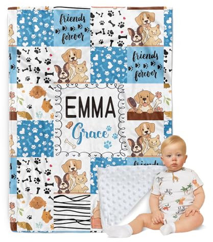 ZOTIMEF Personalisierte Babydecke - Individueller Name mit Tiermotiven Karo-Design - Patchwork Weiche Kuscheldecke mit Doppellagiger Gepunkteter Rückseite für Jungen Mädchen Geschenke Farbe07-Hund
