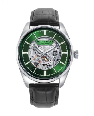 Reloj Automático Clásico de Hombre Ref. 401407-67, Caja de Acero con Cristal de Zafiro y Correa de Piel Negra, Esfera Verde Transparente - Elegancia y Tecnología