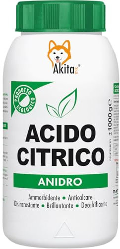 Akitaink Acido Citrico in Polvere 1 KG, Puro al 100%, Naturale ed Ecologico, Multiuso per Pulizia e Igiene della Casa: Ammorbidente, Anticalcare, Brillantante, Disincrostante, Decalcificante