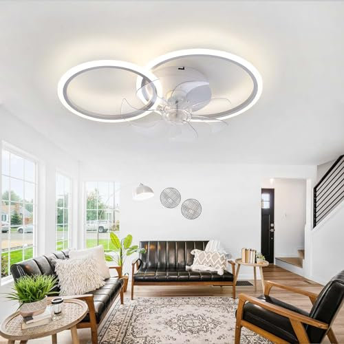 Ventilador de techo pequeño con luz LED regulable, ventilador reversible de 6 velocidades, temporizador silencioso, CC blanco, función de invierno/verano