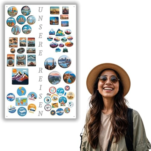 Anwicar Magnettafel Unsere Reisen Weiß 50x80 cm | Magnetisches Stahlboard für Magnete, Fotos und Notizen, Beschreibbar, Montageset inklusive