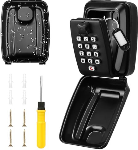 HOTUT Key Safe Wall Mounted,Key Lock Box for Outside 12 Digit Combination,Large Capacity Key Box with Weatherproof Cover,Waterproof Security Lockbox,Push Button Key Safe for Home Garage Office School