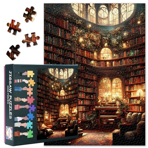 TISHIRON Luxus Bibliothek Jigsaw Puzzles für Erwachsene 1000 Stück | Weihnachtsbaum & bücherregal gemütlich buchladen innenlandschaft stress entlastung achtsam puzzle spiel heimdekor 50cmx70cm