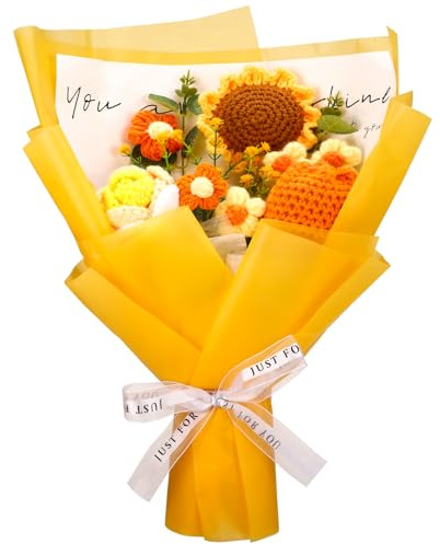 saerryor Bouquet di fiori all'uncinetto, realizzato a mano, bouquet di fiori artificiali con rose finte e girasoli conservati, regalo per anniversario, laurea, compleanno, matrimonio