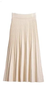 Gonna in maglia da donna, lunghezza media, vita alta elasticizzata, sottile, taglio A, in lana, tinta unita, a pieghe, gonna lunga, Bianco crema., Taglia unica