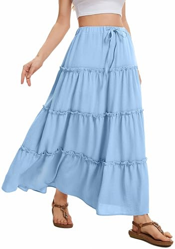WUWUSKY Women's Skirts Elastic High Waist Flowy Maxi Skirt Summer Casual Elasticated A Line Skirts with Pockets