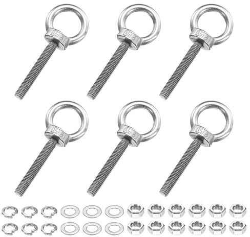 PATIKIL Perno Ojo M6 X 40 Mm, Juego 6 Pcs Anillo Elevación Con Hilo Acero Inox 304, Perno Ojo Con Hombrero Y Tuercas Seguro Y Arandelas Planas Para Colgar Hamacas Y Artículos, Plateado