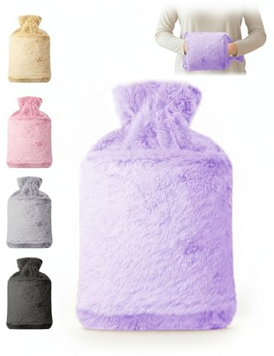 KEPLIN Hot Water Bottle 2L with Soft Faux Fur Cover, Leakproof Natural Rubber, Long Lasting Warmth for Neck, Back & Hands, Fluffy Cosy Design for Men & Women, Winter Comfort - Liliac