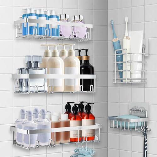 Esteopt Duschhylla Utan Borrning: rostfritt badrum, schampohållare, badrumsorganisatörhylla, självhäftande upp till 15 kg duschhylla & ställ för badrum & schampo 5 stycken (silver)