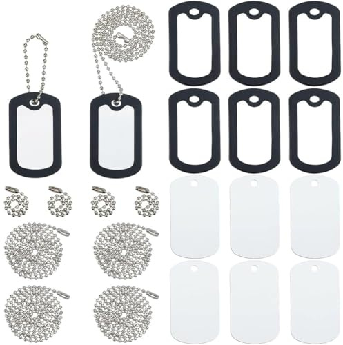 SOFPLATE 8 Set (24 Stück) Schwarze Militär Hundemarken Mit Gummidämpfer Aluminium Haustiermarken (Rohling) Mit Kugelkette Und Silikonhülle Zur Geräuschreduzierung Und Zum Schutz Der Marke Hunde ID Sch