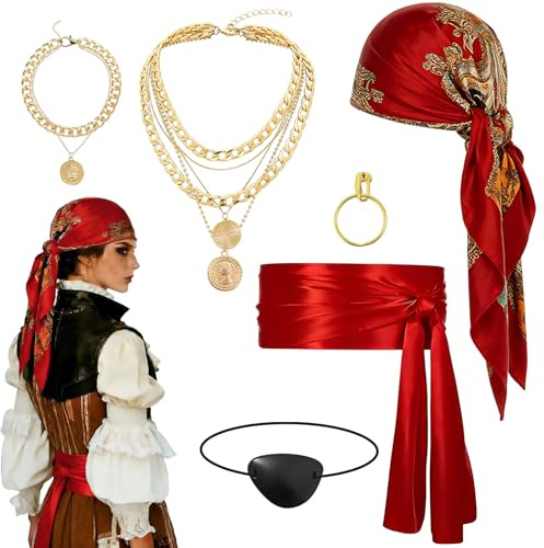 xiaoxiaozhijia Piratenkostüm Zubehör Damen Set,Piraten Damen Zubehör,Enthält Kopftuch, Halskette, Augenmaske, Armband Ohrringe und Gürtel für Karneval und Party-Rollenspiele