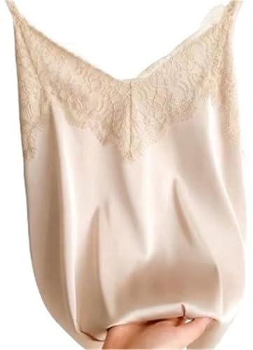 AMEEDA Canotta Raso Donna Canotta Sexy in Pizzo da Donna, in Seta, con Scollo a V, Estiva, Senza Maniche, Casual, Slim, in Morbido Raso, Taglie Forti(Beige,XXL)