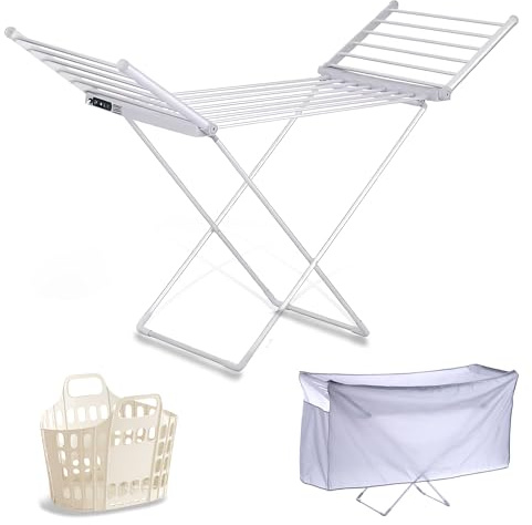 Hivra - Tendedero Eléctrico Calefactable, Toallero Eléctrico Plegable, Secador de Ropa Eléctrico de Bajo Consumo | 18 Barras de Aluminio | Pantalla LED y Temporizador | Incluye Funda Térmica y Cesto