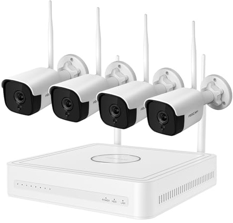 Foscam FN9108W-B4-2T Kit vidéo de surveillance Wi-Fi d'extérieur, 4 caméras (5 mégapixels), enregistreur NVR avec disque dur 2 To, vision nocturne 20 mètres, détection humaine, Wi-Fi 6 double bande