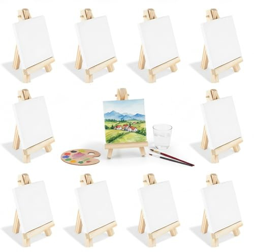 12x Mini Staffelei Naturholz 7x12.5cm klappbar mit 8x8cm Leinwand-Set - Handbemaltes Kinder-Malkreativset für DIY & Kunstausstellung (10 * 10 cm)