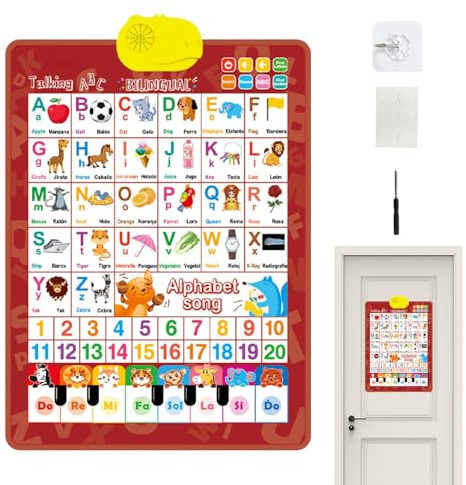 Grafico interattivobilingue con alfabeto e numeri – Poster da parete parlante inglese spagnolo con musica per bambini di età compresa tra 1 e 6 anni, gioco educativo per l'apprendimento precoce, gioch