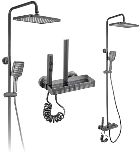 GREENSAPPIRE Colonne de Douche Thermostatique LED Noir Mat – Tête de Douche Pluie 20x30 cm, Douchette 3 Jets, Jet Spray 2 Modes, Hauteur & Angle Réglables 360°, Affichage Température Sans Pile