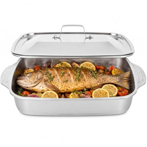 TOPPERFUN 1 PCS Bräter Mit Deckel Edelstahl, Auflaufform Rechteckige Tiefe Fischpfanne, Multifunktionales Backblech Für Backofen Gasgrill Und Dämpfen Bei Familienfeiern 41X24X7,5cm