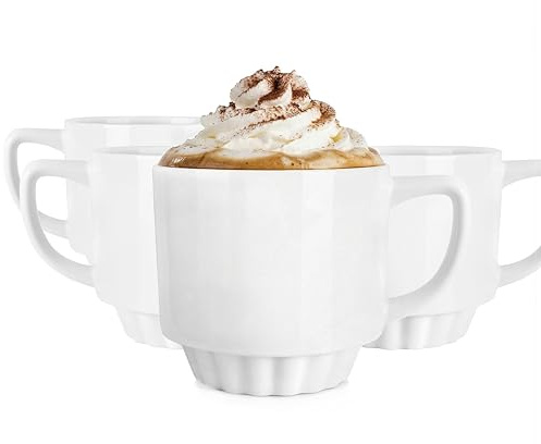 Glasmark KROSNO 1992 Juego de 4 Tazas de Café 260 ml en Cerámica Blanca - Tazas Grandes con Asa para Capuchino y Bebidas Calientes - Hogar y Oficina - Resistentes al Lavavajillas - Zoya