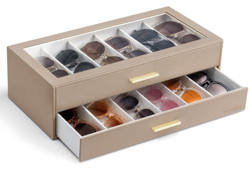 VLANDO Sonnenbrillen Aufbewahrung 2 Etagen, Brillen Aufbewahrungsbox mit Transparentem Glasdeckel, Brillenetui für 12 Brillen, Sonnenbrillen Organizer zur Aufbewahrung Mehrerer Brillen