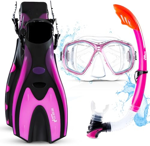 Two Bare Feet Snorkel, Mask and Fins/Flippers PVC Snorkelling Set (Adults) With Anti Fog and Wide View Mask, Anti-Leak, Tempered Glass - Scuba Dive Snorkelling Sets (S/M (UK4.5-8.5), Pink)