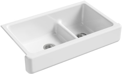 KOHLER K-6426-0 Whitehaven Farmhouse Smart Divide Self-Trimming Undermount Apron Front Double-Bowl Kitchen Sink with Short Apron, 35-1/2-Inch X 21-9/16-Inch X 9-5/8-Inch, White