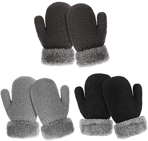 TAGVO Toddler Warm Gloves, Windproof Baby Boys Girls Gloves, 3 Pairs Winter Kids Boys Girls Sherpa Lined Knitted Mittens, Baby Mittens For Outdoor Sports Ski Skating