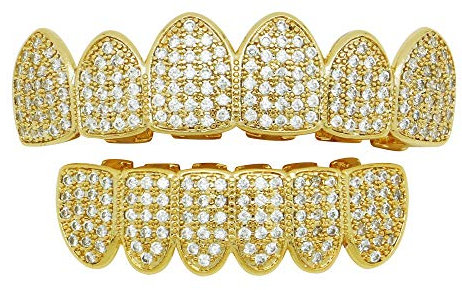 Gib nie auf 18K Gold plattiert Iced Out Hip Hop Poker Oben und unten Zähne Grillz Set (Farbe : Gold)