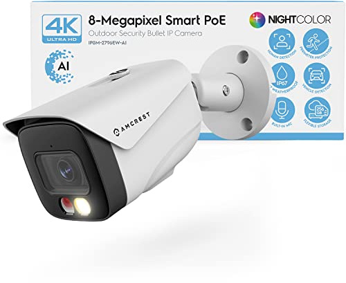 Amcrest UltraHD 4K (8MP) IP PoE AI Camera, FOV 129°, 49ft Color Nightvision, Security Outdoor Bullet Camera, Human & Vehicle Detection, Active Deterrent, 4K @15fps, IP8M-2796EW-AI (White)