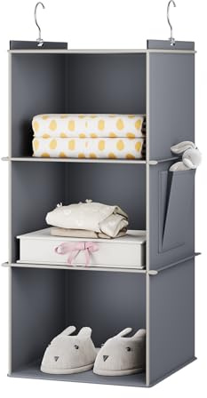 YOUDENOVA Hängeregal Schrankorganizer Stabiler Kleiderschrank Organizer Hängeaufbewahrung Ordnungssystem mit MDF-Platten und Bambus-Stock verstärkt 3 Fächer Grau