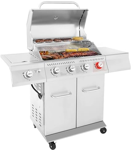 Royal Gourmet GA4402S 4 Burner Propane Gas Grill with Side Burner & Warming Rack, Stainless Steel Gas Grill with 54,000 BTUs Output for Barbecue Grilling & Backyard Cooking, Silver