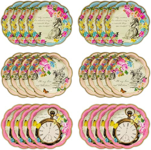 Talking Tables 24 x Alice in Wonderland Paper Party Plates – Mad Hatter Tea Party Disposable Dessert Plates, Birthday, Baby Shower, Mother's Day, Easy Clean Up – 17cm Size