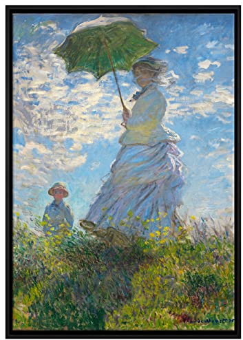 Pixxprint Claude Monet - Frau mit Sonnenschirm Leinwandbild 100x70 cm im Bilderahmen, Wandbild, Schattenfugenrahmen, Kein Poster
