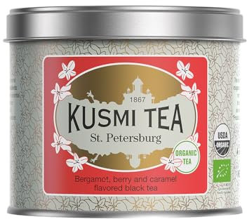 Kusmi Tea - St. Pétersbourg Bio - Thé Noir Biologique - Earl Grey - Mélange de Thé Noir avec Fruits Rouges, Caramel, Vanille et Bergamote - Boîte en Métal 100g - Quantité pour environ 50 Tasses