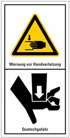 Produktsicherheits Aufkleber Warnung Handverletzung/Quetschgefahr Warn Schild Folie ähnl. ISO 7010 | Größe wählbar Made in Germany, Größe: 20x10 cm
