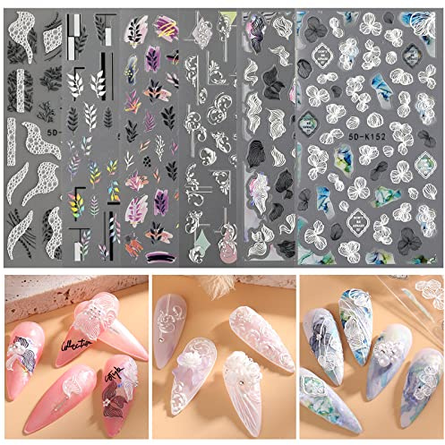 MWOOT 5D Blumen Nagelsticker Abziehbilder Nail Art Stickers, Selbstklebende Nagelaufkleber mit Stereoskopische Prägung Designs, Schleife Nailart Aufkleber für DIY Maniküre Nagel Dekoration (6 Blätter)