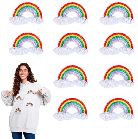 Jenngaoo 10 Stück Regenbogen Patches zum Aufbügeln, 5,2x3,0 cm | Mit Wolken-Design, Bunt, für Kleidung, Rucksack, DIY, Einfach Aufbügeln oder Annähen, ideal für Upcycling