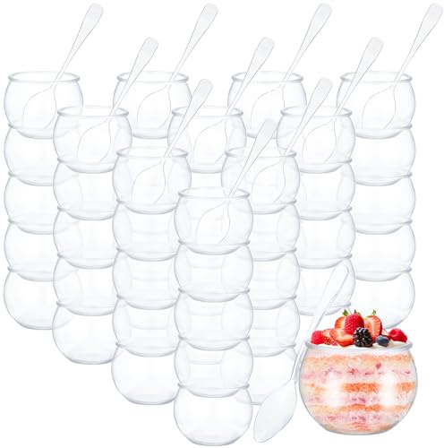 EBOOT 100 Pcs 2 oz Mini Dessert Cups with Spoons, Sphere Plastic Fish Cup Disposable Round Plastic Bowl Small Clear Parfait Bowl for Wedding Event Birthday Party Mousse Pudding Appetizer Serving