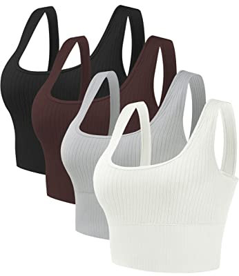 Gnowann Sport BH Damen Mittlerer Halt Bustier Damen Gepolstert Ohne Bügel Tank Top Ribbed Push Up für Yoga Fitness Joggen, Schwarz+Grau+Haut Weiß+Braun, M