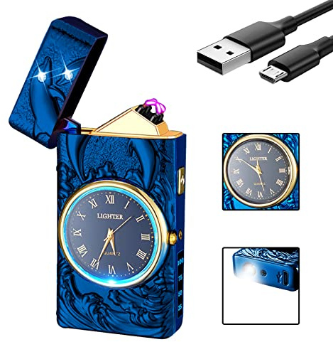 SKRFIRE Accendino Antivento Ricaricabile - Accendino Elettrico con Orologio, Motivo Delfino in Acciaio, Confenzione Regalo di Classe - Per Appassionati di Mare e Avventura(blu)