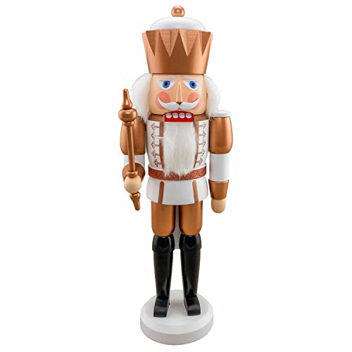 Seiffener Volkskunst Figura de cascanueces de rey exclusivo, 38 cm, original de los Montes Metálicos, color blanco y bronce