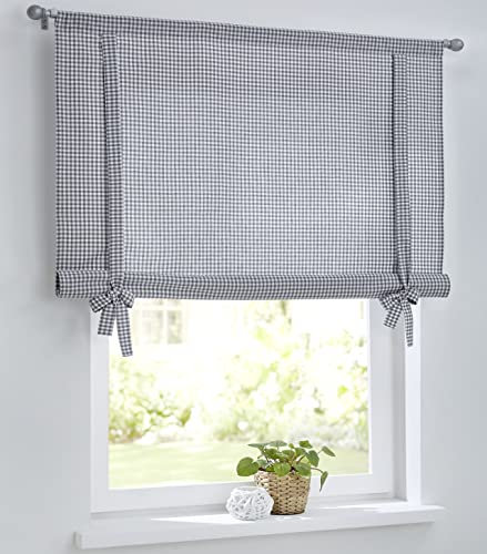 Cottage Kariertes Raffrollo Raffgardine mit Tunnelzug für Gardinenstangen, Landhaus-Gardine Küche Karo weiß-grau, Bindegardine, Rollgardine, Breite 120 cm x Höhe 100 cm