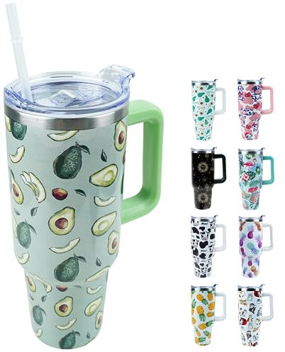 Lumumanber Becher mit Griff und Strohhalm, Edelstahl-Isolierbecher mit auslaufsicherem Deckel und Strohhalm-Deckel, hält Getränke stundenlang kalt und heiß (Avocado)